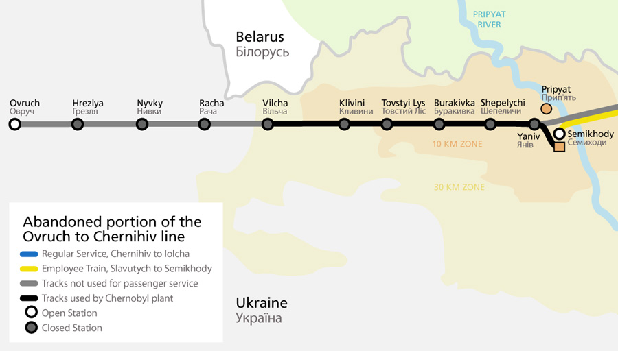 The abandoned railroad line through the Chornobyl zone.